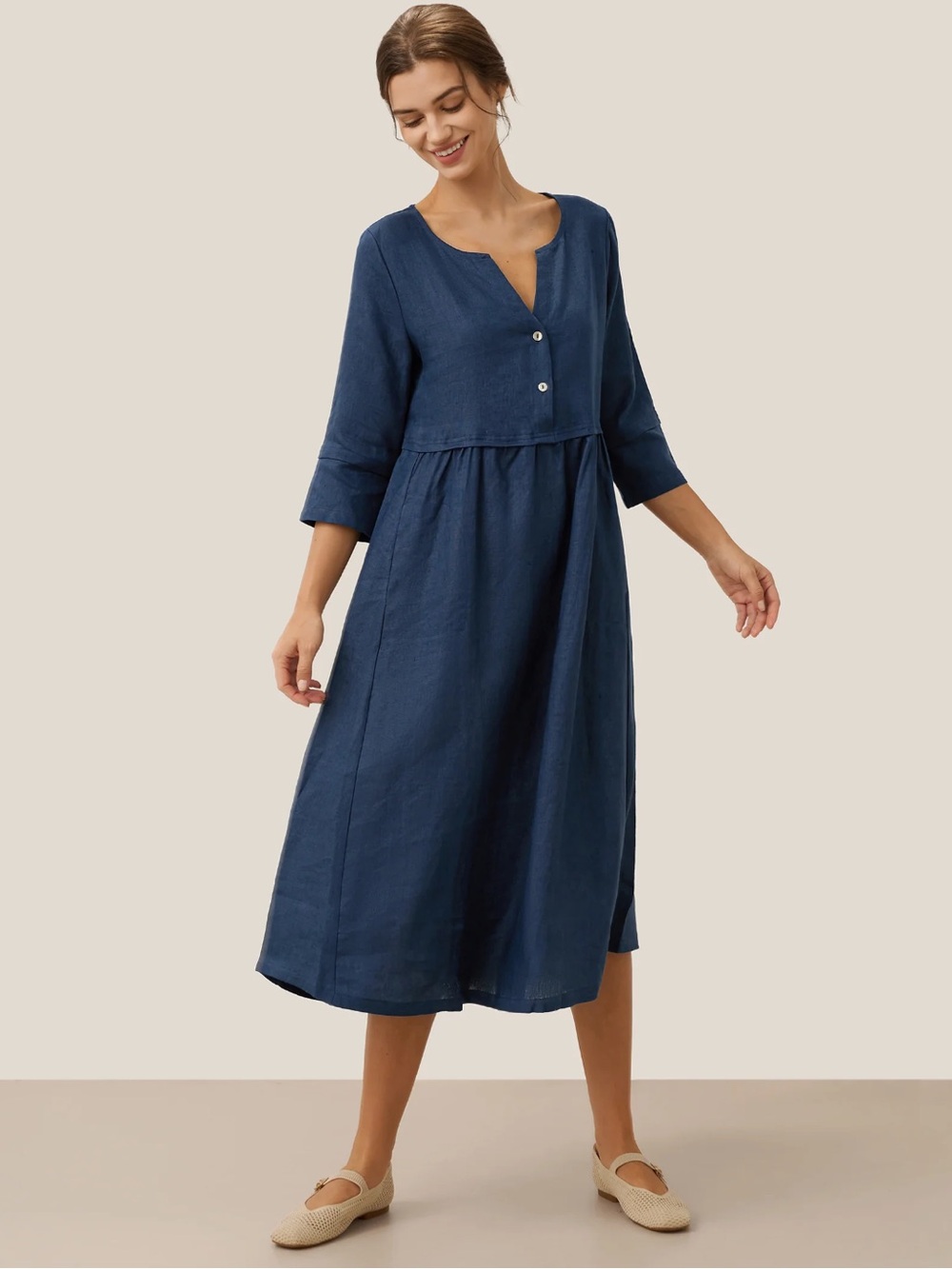 Lintico 100% Linen Loose Fit Button Waist Gathered Maxi Dress